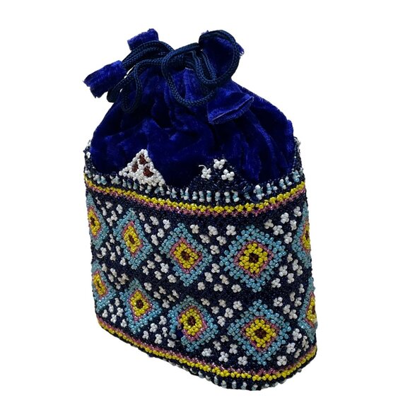 Beaded Velvet Drawstring Pouch Navy Ethnic Geometric Design Embellished Handbag - Picture 4 of 7